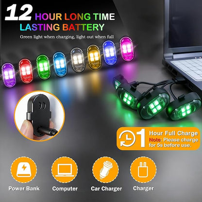 Wireless LED Lights for Car 10 Pack Remote Strobe Warning Waterproof | USB C charging, adjustable 8 colors & 10 strobe flash modes, anti-collision, fits car, truck, motorcycle, bike, drone
