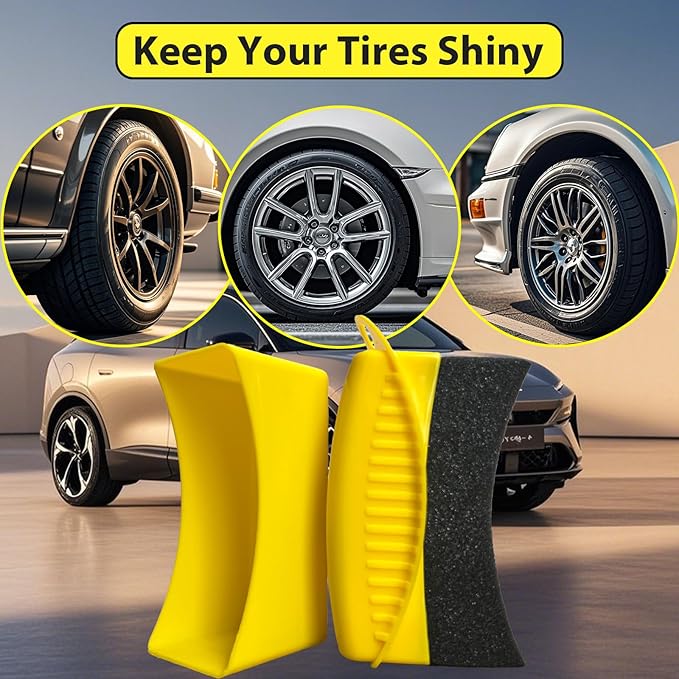 2 Pack Tire Shine Applicator Pads, Reusable Tire Dressing Applicator Sponge, Curved Tire Gel Applicator Forms with Lid, Yellow Tire Applicator Pads for Car Cleaning Detailing
