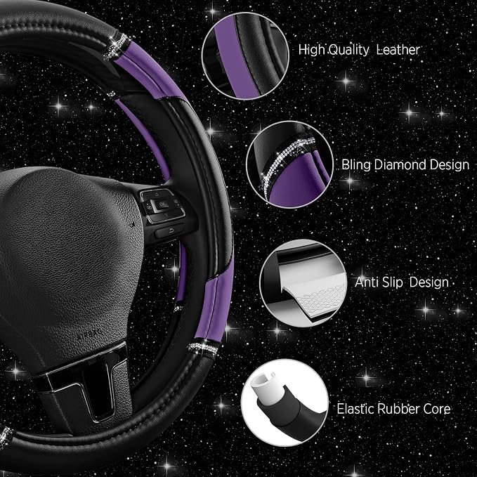 Road Comforts Leather Steering Wheel Cover - Made with PVC Leather - Anti-Slip, Universal Fit 14 1/2 inches to 15 1/2 inches - Purple