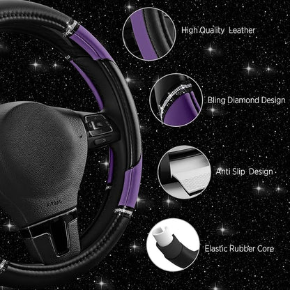 Road Comforts Leather Steering Wheel Cover - Made with PVC Leather - Anti-Slip, Universal Fit 14 1/2 inches to 15 1/2 inches - Purple