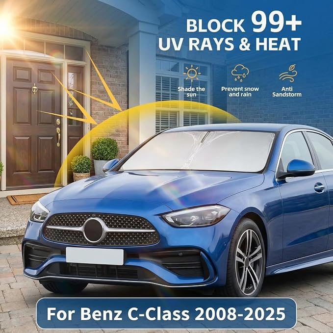 Windshield Sun Shade for Benz C-Class 2008-2024 2025 Sunshade Front Window Shade Custom Fit C-Class W205 C250 C300 C400 SLK SLS CLA CLS CL-Class Sun Visor Foldable Shade Blocks UV Rays Accessories