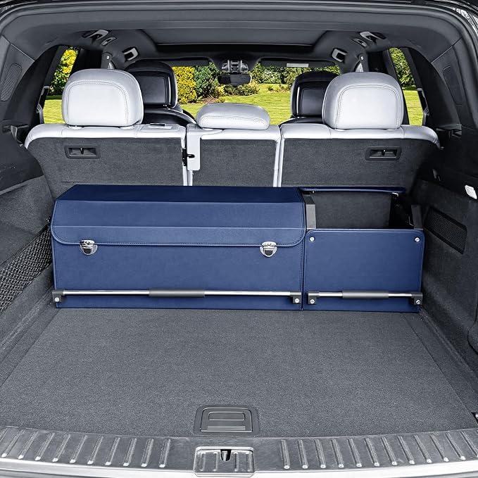 Car Trunk Organizer, Leather Trunk Organizer for SUV with Lid and Sturdy Handle Collapsible Adjustable Storage (Blue, 41 x 11.4 x 12.2in)