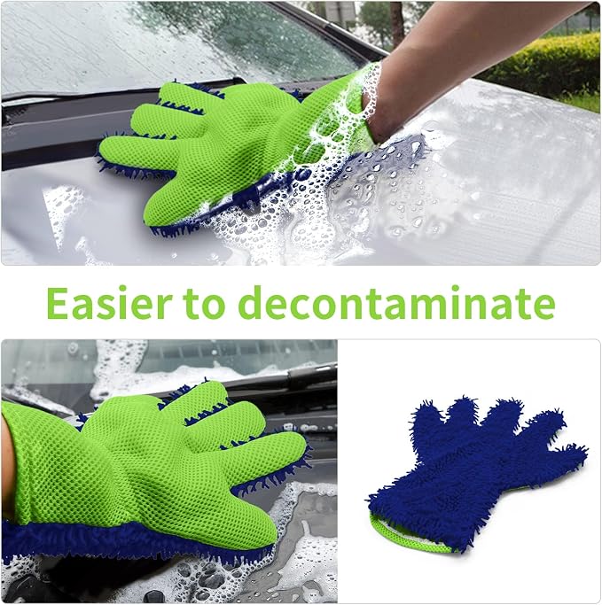 BokWin 2-Pack Car Wash Mitt Scratch Free, 5-Finger Microfiber Wash Mitts, Car Interior Exterior Cleaning Gloves, Auto Chenille Washing Sponge Kits for Cleaning Wheel Tight Spot(Blue)