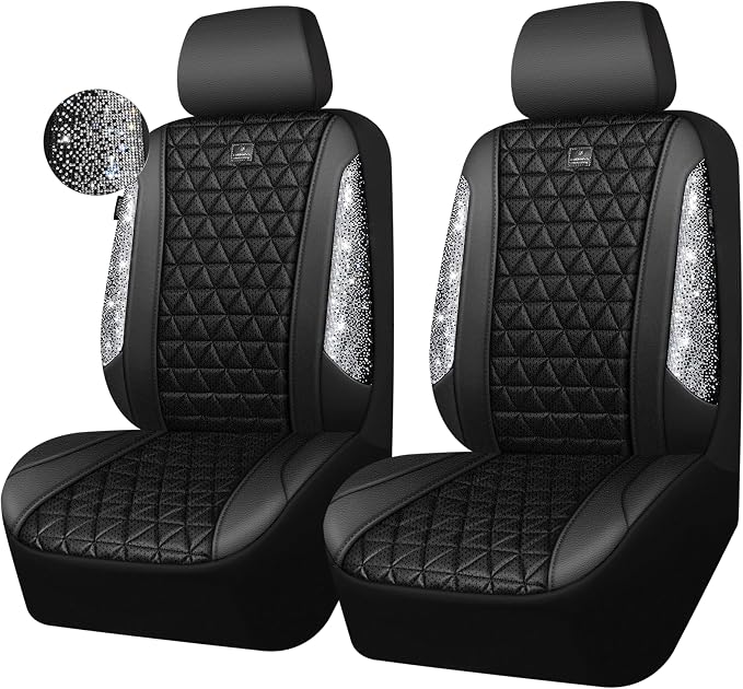 CAR PASS 3D Air Mesh Seat Covers for Cars, Bling Diamond Leather Foam Car Seat Covers for 2 Front Interior Sets, Automotive seat Covers Universal Fit Truck SUV Cute Women Girl, Black Silver Rhinestone