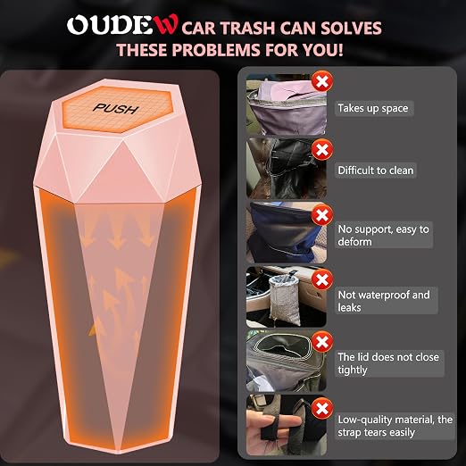 Car Trash Can with Lid - 2-Pack, Interior Accessories for Vehicles, Leakproof Garbage Can with 30 Detachable Trash Bags, Multipurpose Organizers and Storage Solutions for Home and Office (Pink)