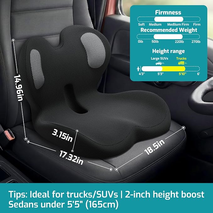 Trucker Seat Cushion, Car Seat Cushions with Lumbar Support Pillow, Ergonomic L-Shaped Orthopedic Memory Foam Pad for Long Driving Back Pain Sciatica Relief, Drivers Office Workers (Black+WE)