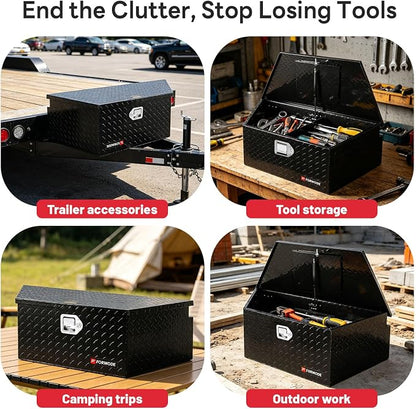 FORWODE Trailer Tongue Box 39 Inch Aluminum Tongue Tool Box Lockable Trailer Tool Chest with Gas Strut, Secure Diamond Plate Truck Tongue Tool Box for Trailer, Truck Bed, Pickup & RV Storage (Black)