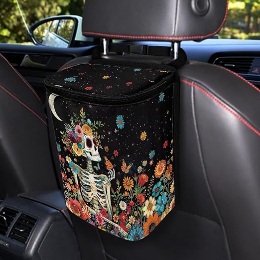 Skull Colorful Flowers Starry Night Pattern Car Trash Can Leakproof Garbage Bag with Lid and Zipper 1.2Gal Trash Bin Hanging for Back Seat Halloween Car Decor