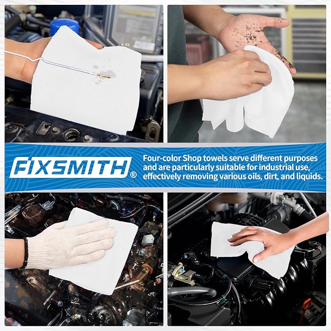 FIXSMITH Microfiber Cleaning Cloth, Shop Towels Bulk, 24 Pack White Microfiber Towels for Cars, All-Purpose Absorbent Cleaning Rags, Dust Cloth for Automotive, Mechanic, Garage, Bar, 12 x 11 inch