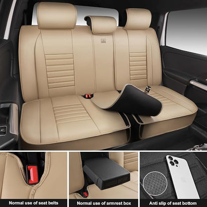 CAR PASS Nappa Leather Car Seat Covers Full Set, Luxury Seat Protector for Cars, Waterproof Anti-Slip Car Seat Cushion Armrest Compatible Airbag Universal for Sedan SUV Pick-up Truck Automotive, Beige