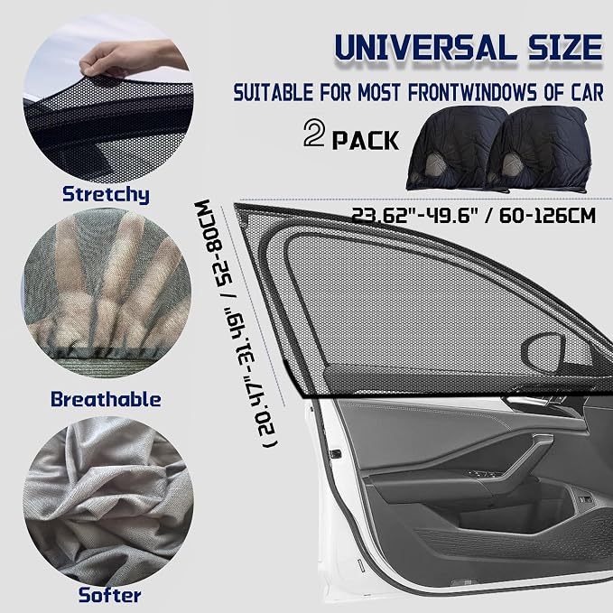 Car Front Window Shades, OUTTDID 2 Pack Side Window Sun Shades,Stretchy Mosquito Net Cover Fit Cars SUVs - Up to 31.5”x49.6”