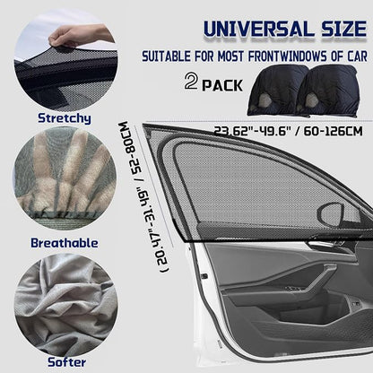 Car Front Window Shades, OUTTDID 2 Pack Side Window Sun Shades,Stretchy Mosquito Net Cover Fit Cars SUVs - Up to 31.5”x49.6”