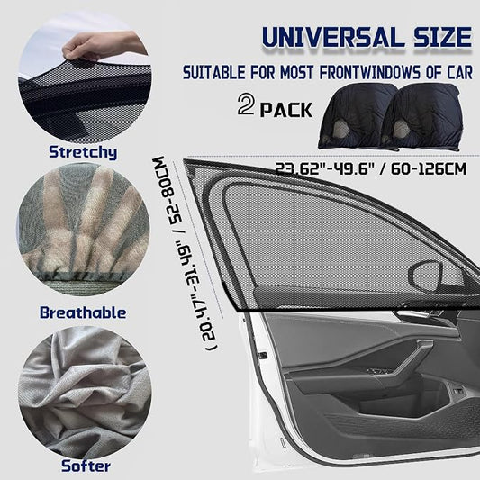 Car Front Window Shades, OUTTDID 2 Pack Side Window Sun Shades,Stretchy Mosquito Net Cover Fit Cars SUVs - Up to 31.5”x49.6”