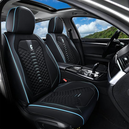 Coverado Car Seat Covers Full Set, 5 Seats Universal Seat Covers for Cars, Breathable Fabric Faux Leather Auto Seat Cushions, Front and Rear Seat Protectors Fit for Most Sedans SUV Truck, Black&Blue
