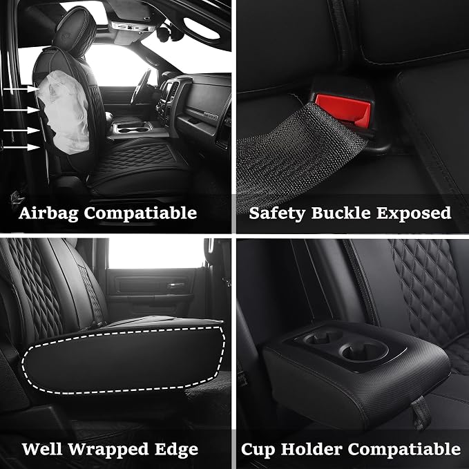 JOJOBAY Car Seat Covers for Dodge Ram,Fit 2009-2025 1500/2500/3500 HD Pick-up Truck,Crew,Regular,Quad,Mega Cab,Waterproof Synthetic Leather Seat Covers(5PCS-Full Set,Black)