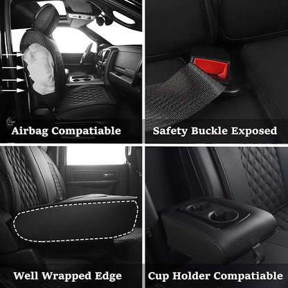 JOJOBAY Car Seat Covers for Dodge Ram,Fit 2009-2025 1500/2500/3500 HD Pick-up Truck,Crew,Regular,Quad,Mega Cab,Waterproof Synthetic Leather Seat Covers(5PCS-Full Set,Black)