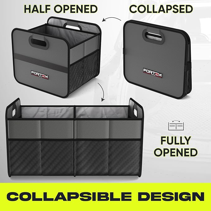 FORTEM Car Trunk Organizer, Collapsible Two Compartment Organizer, Foldable SUV & Truck Storage for Car Accessories for Women Men, Non Slip Bottom, Sturdy Side Walls, Strong Handles, 45L