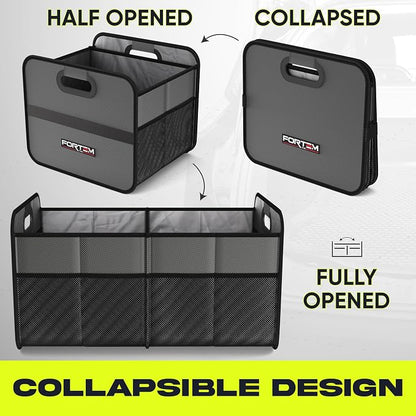 FORTEM Car Trunk Organizer, Collapsible Two Compartment Organizer, Foldable SUV & Truck Storage for Car Accessories for Women Men, Non Slip Bottom, Sturdy Side Walls, Strong Handles, 45L