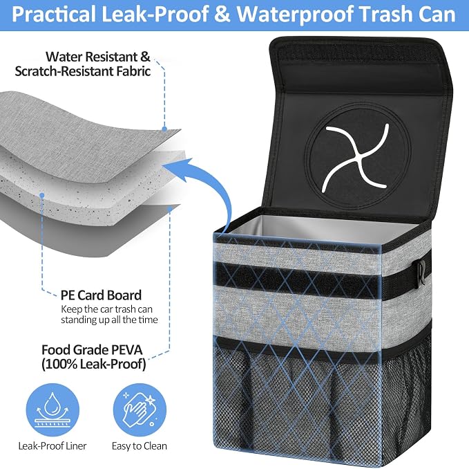 ELONGRIVER Car Trash Can Bin for Back Seat Leak Proof, Cute Car Trash Bag Hanging, Vehicle Trash Can for SUV Truck Van, Automotive Garbage Cans Front Seat Grey
