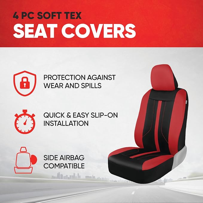 Motor Trend Front & Rear Car Seat Covers Full Set - Red Cloth Bucket Seat Covers for Front Seats + Waterproof Rear Split Bench Cover – Universal Fit for Car Truck SUV Van Interior Protection