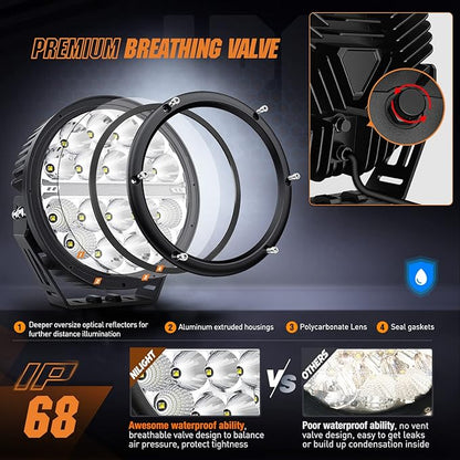Nilight 7 Inch Round LED Offroad Driving Lights with DRL 2 PCS 90W 9850LM IP68 Spot Flood Combo Work Light w/ 12AWG DT Connector Wiring Harness Kit for 4x4 Truck ATV UTV SUV