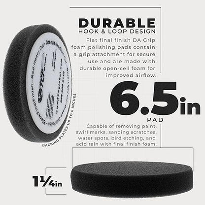 TCP Global 6.5" Black Final Finishing DA Grip Soft Foam Polish Pad - Hook & Loop Buffer Pads - Car Buffing Pads for Paint Correction, Detailing