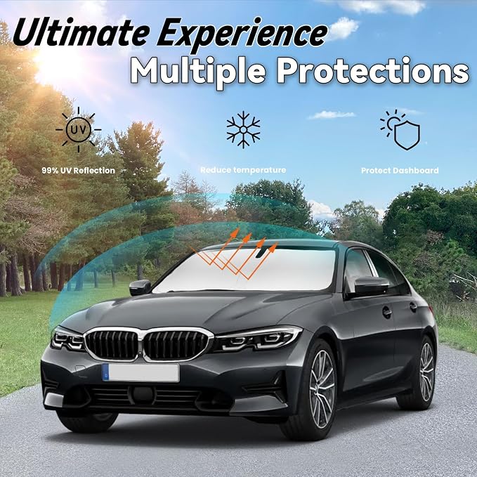 Windshield Sun Shade for 2019-2026 BMW 3 Series 328i 330i 335i 320i 325i F30 F31, Car Front Window Sunshade with 240T Sun Visor Protector Blocks UV Rays Heat Sun Shield Accessories