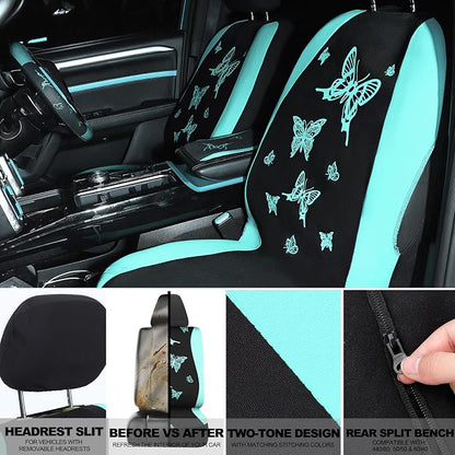 BBTO 43 Pcs Butterfly Car Seat Full Set Butterfly Car Accessories for Women 5 Front Rear Seat Covers Wrist Strap 2 Pcs Cup Mat Armrest Pad 2 Belt Xmas Cover Accessories for SUV(Mint Green, Black)