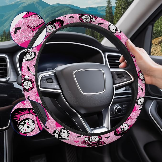 GENANY Spooky Horror Mask Steering Wheel Cover, Non Slip Polyester Car Wheel Protector for Car SUV Truck, Universal 15 Inch