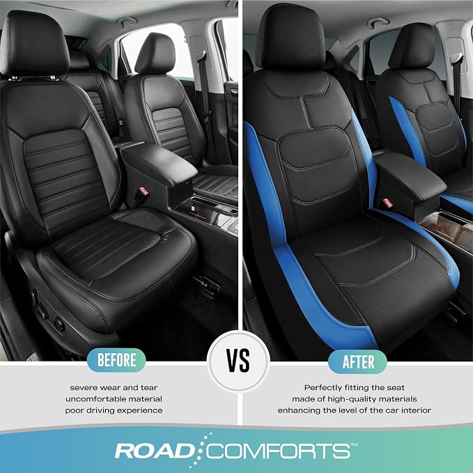 Road Comforts Seat Covers, Premium Leather Car Seat Covers Front Seats,Airbag Compatible, Automotive Seat Covers Universal Fit Most Cars,Vans,Truck,SUV Blue