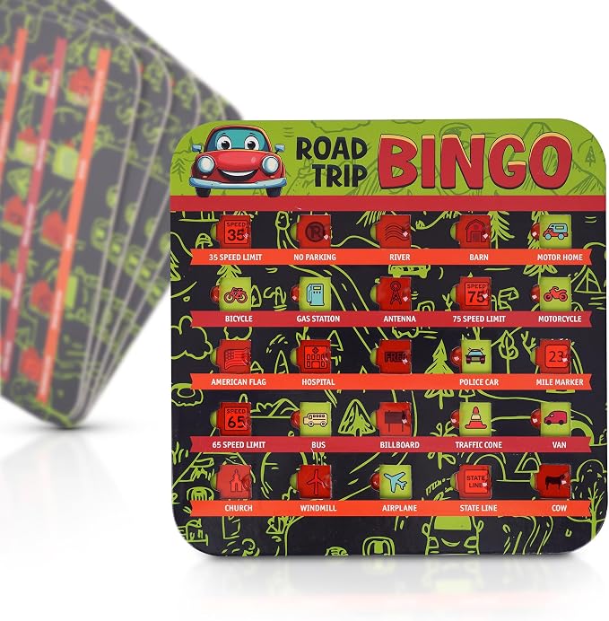 GSM Brands Car Bingo Travel Games for Kids – Fun Road Trip Scavenger Hunt Card Game (5 Pack)