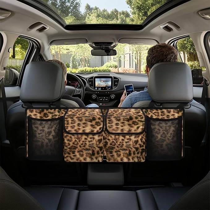 Brown Leopard Pattern Car Organizer Waterproof Trunk Hanging Storage Bag with Extra Storage Space for SUVs,Trucks,Vans