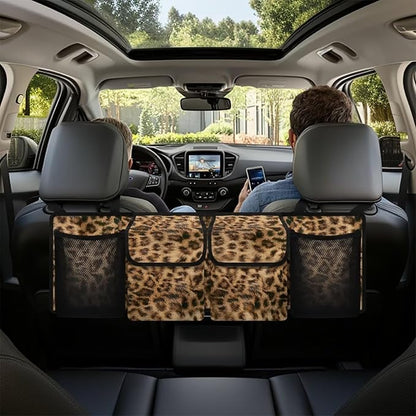 Brown Leopard Pattern Car Organizer Waterproof Trunk Hanging Storage Bag with Extra Storage Space for SUVs,Trucks,Vans
