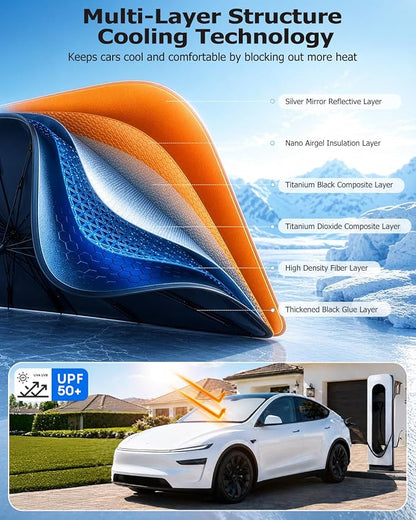 [2026 Upgraded] Weektic Truck Windshield Sun Shade for F-150/Silverado/Tundra/RAM 1500/Sierra - 5 Layers Ice Crystal Coating Blocks 99% UV, Cools Interior | 360° Swivel Handle for Easy Use