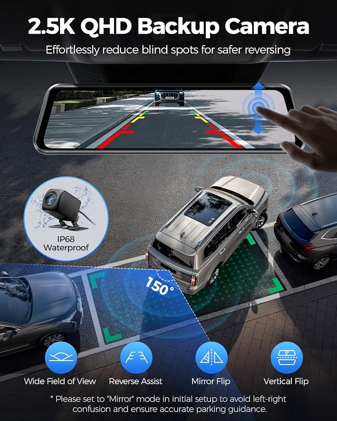 AZDOME 4K+2.5K Mirror Dash Cam with AR effects, ADAS, BSD & LCA Rear View Mirror Camera, 12" Rearview Mirror Camera, 5.8GHz WiFi, Voice Control, GPS, backup camera mirror Includes 64GB Card (PG17 Max)