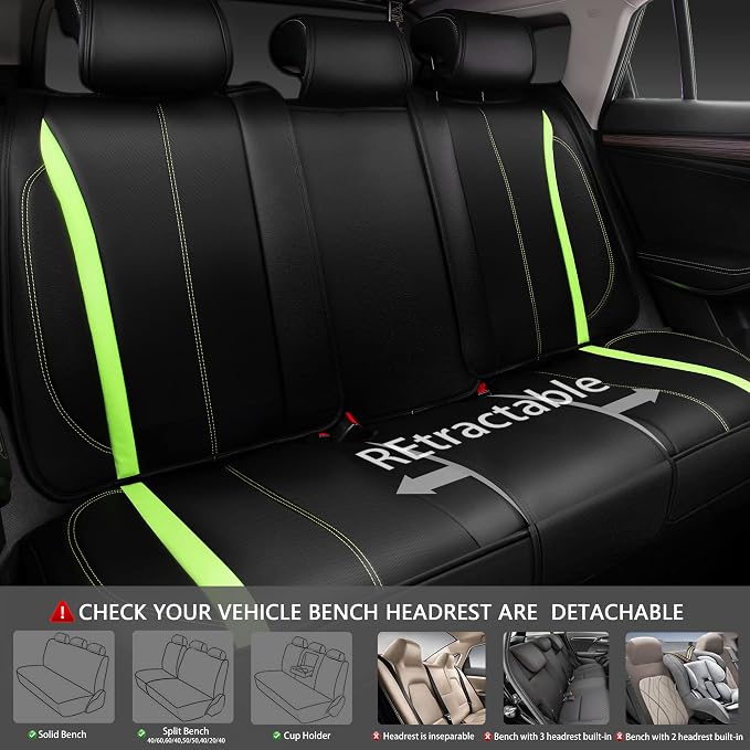 CAR PASS Fluorescent Green & Nappa Leather Seat Covers Full Set, with Backrest Cushion Protector Waist Protection Universal Fit for SUV Pick-up Truck, Automotive Vehicle Interior (Black Green)