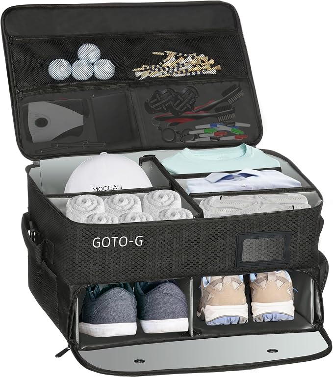 3 Layer Golf Trunk Organizer - Large Capacity Golf Trunk Organizer for 2 Pair Size 13 Shoes, Gifts for Men for Accessories, Balls, Tees, Clothes, Gloves
