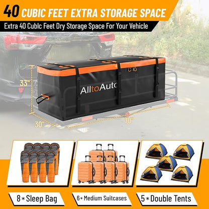 40 CuFt Waterproof Cargo Bag for Hitch Carrier | 70"x30"x33" Trailer Hitch Cargo Carrier | Weatherproof Truck Bed Storage with Straps, Lock & Carry Case | PVC Vehicle Soft-Shell Carriers