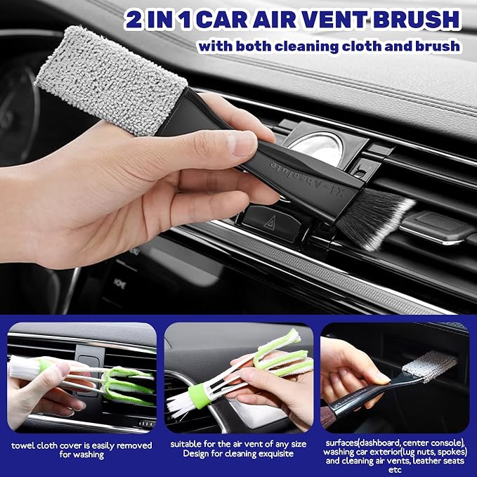 9Pcs Auto Cleaning Tools Set Contains Wheel Brush, Wash Mitt Microfiber, Foam Sponge Wax Applicator, Extendable Handle Interior Duster and 2 in 1 Air Vents Dashboard Clean Brush