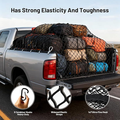 Cargo Net for Pickup Truck Bed-4'x4' Stretch to 7'x7' Highly Elastic Cargo Net,Simple Truck Bed Cargo Mesh Organizer with 6 Adjustable Buckle Straps for Trailer, Ford, Chevrolet(Double Layer)