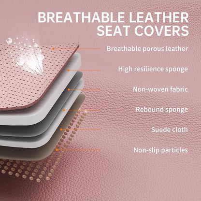 Pink Leather Car Seat Covers Front Seats, Luxury Automotive Seat Covers with Lumbar Support, Waterproof Pink Car Accessories Seat Protector Universal Fit for Most Cars Trucks Pick-ups SUVs