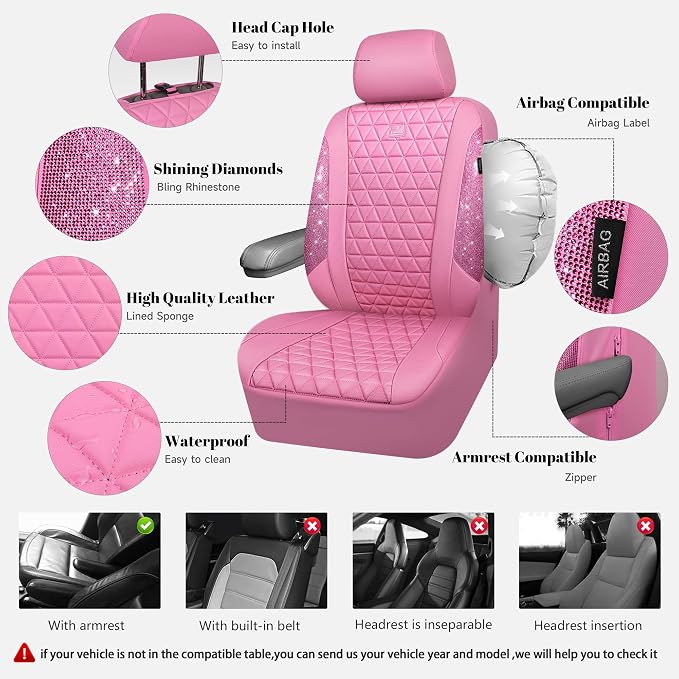 CAR PASS Bling Diamond Pink Leather Car Seat Covers Full Sets Interior Sets, Waterproof Shining Glitter Sparkly Crystal Universal Armrest Fit for Automotive Truck SUV Cute Women Girl, Pink Rhinestone