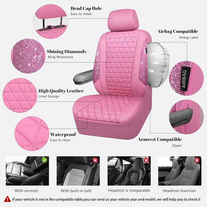 CAR PASS Bling Diamond Pink Leather Car Seat Covers Full Sets Interior Sets, Waterproof Shining Glitter Sparkly Crystal Universal Armrest Fit for Automotive Truck SUV Cute Women Girl, Pink Rhinestone