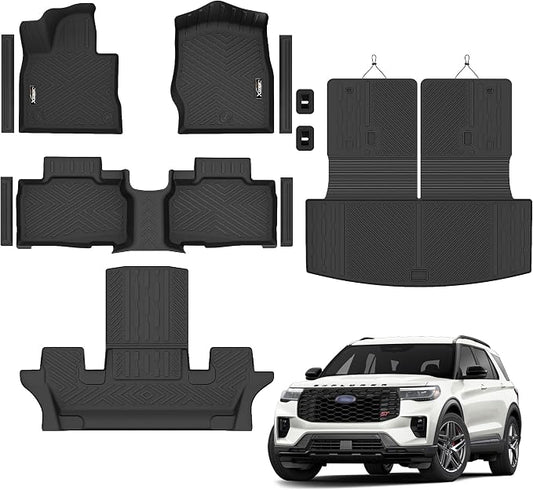 Floor mats for 2020-2025 2026 Ford Explorer 6 Seats Trunk Mat with Backrest Mat All Weather TPE Rubber Cargo Liner for 2020 2021 2022 2023 2024 2025 2026 Ford Explorer Accessories