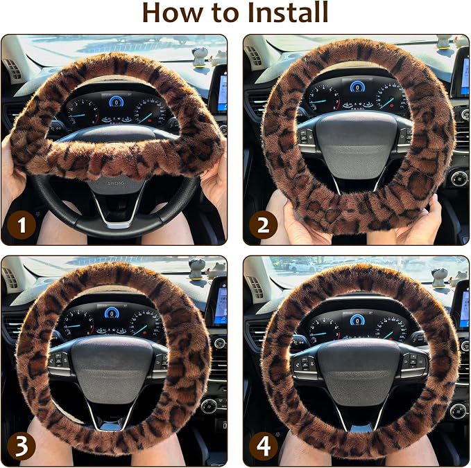 Accmor Fuzzy Car Steering Wheel Cover, Universal Fit Fur Auto Wheel Cover & Handbrake Cover & Gear Shift Cover Set, Fashion Leopard Fluffy Steering Wheel Protector Car Accessories for Men Women