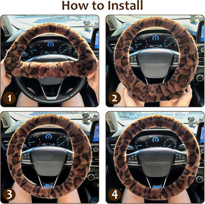 Accmor Fuzzy Car Steering Wheel Cover, Universal Fit Fur Auto Wheel Cover & Handbrake Cover & Gear Shift Cover Set, Fashion Leopard Fluffy Steering Wheel Protector Car Accessories for Men Women