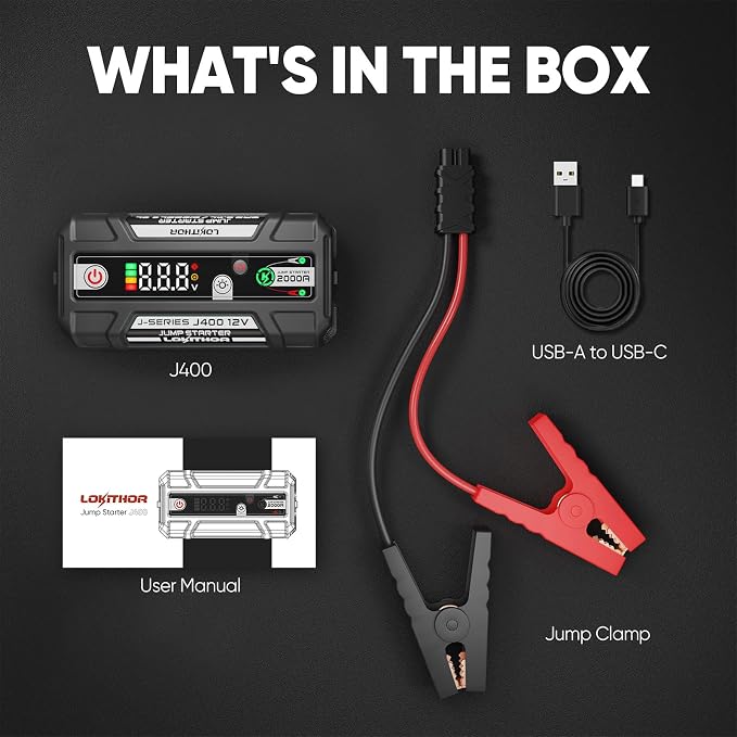 LOKITHOR J400 2000A 12V Portable Lithium Jump Starter, Car Battery Booster Pack, USB-C Powerbank Charger, and Jumper Cables for Upto 8.0-Liter Gas and 6.0-Liter Diesel Engines