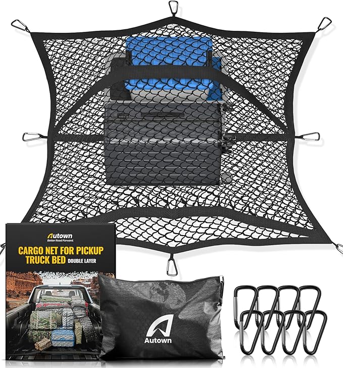 AUTOWN Cargo Net for Pickup Truck Bed - Stretchable 4'x4' to 7'x7', High Elastic Fine Mesh 1''x1'' with 8 Metal Carabiners - Ideal for ATV, SUV, UTV, Truck and Boat Use (Double Layer)