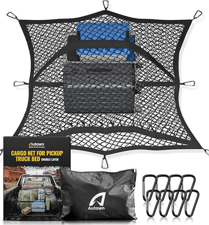 AUTOWN Cargo Net for Pickup Truck Bed - Stretchable 4'x4' to 7'x7', High Elastic Fine Mesh 1''x1'' with 8 Metal Carabiners - Ideal for ATV, SUV, UTV, Truck and Boat Use (Double Layer)
