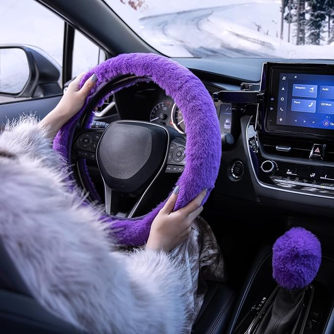 SEG Direct Furry Car Steering Wheel Cover with Fluffy Gear Shift Cover Soft Warm Non-Slip Car Decoration for Women Girls 2 PCS Set, Purple